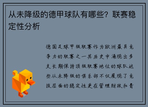 从未降级的德甲球队有哪些？联赛稳定性分析